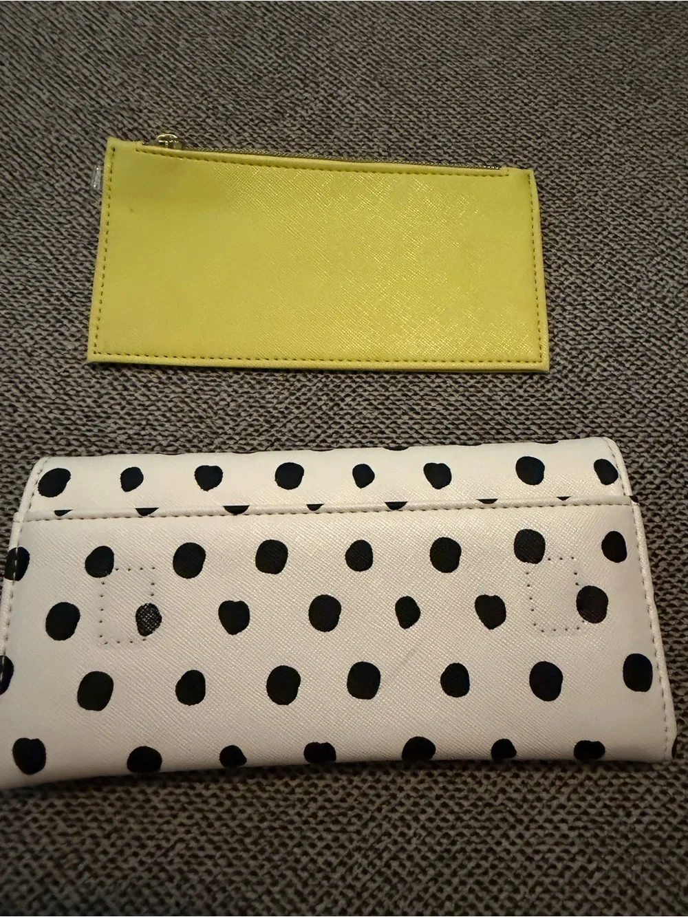 Betsey Johnson Cream Wallet Black Polka Dots and Gold Plated Neon Green Plaque